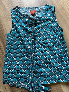 Tracy Negoshian Teal & Navy Floral Sleeveless Top